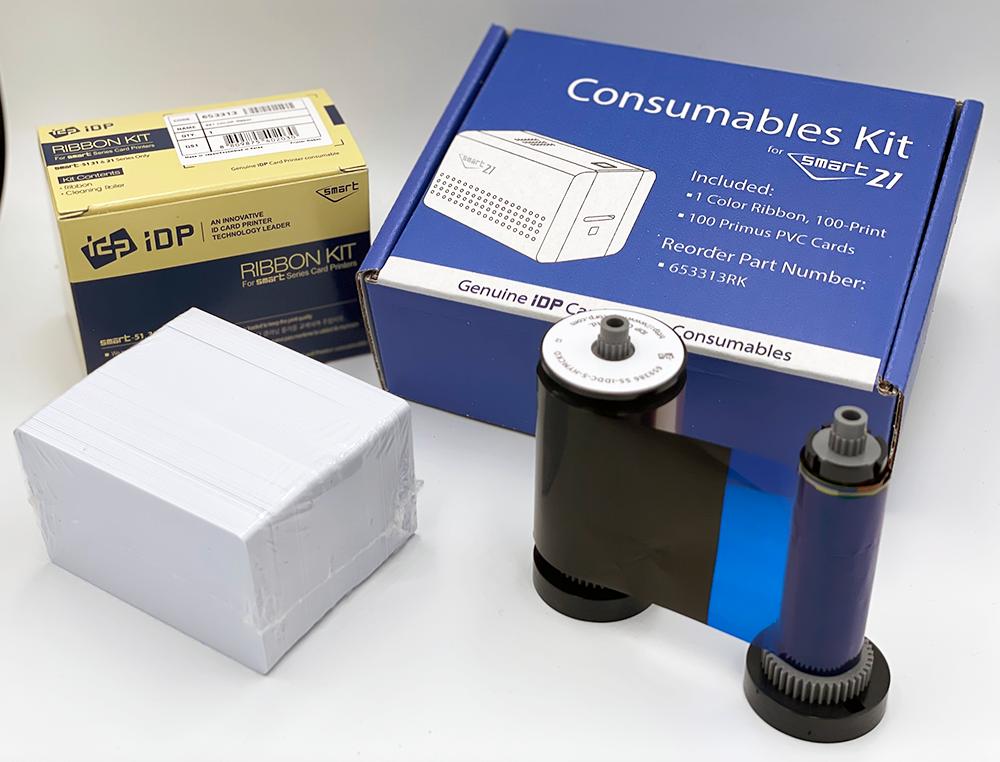 SMART-21 series YMCKO ribbon kit, full-color ribbon with 100 PVC cards and cleaning roller, 100 cards/roll